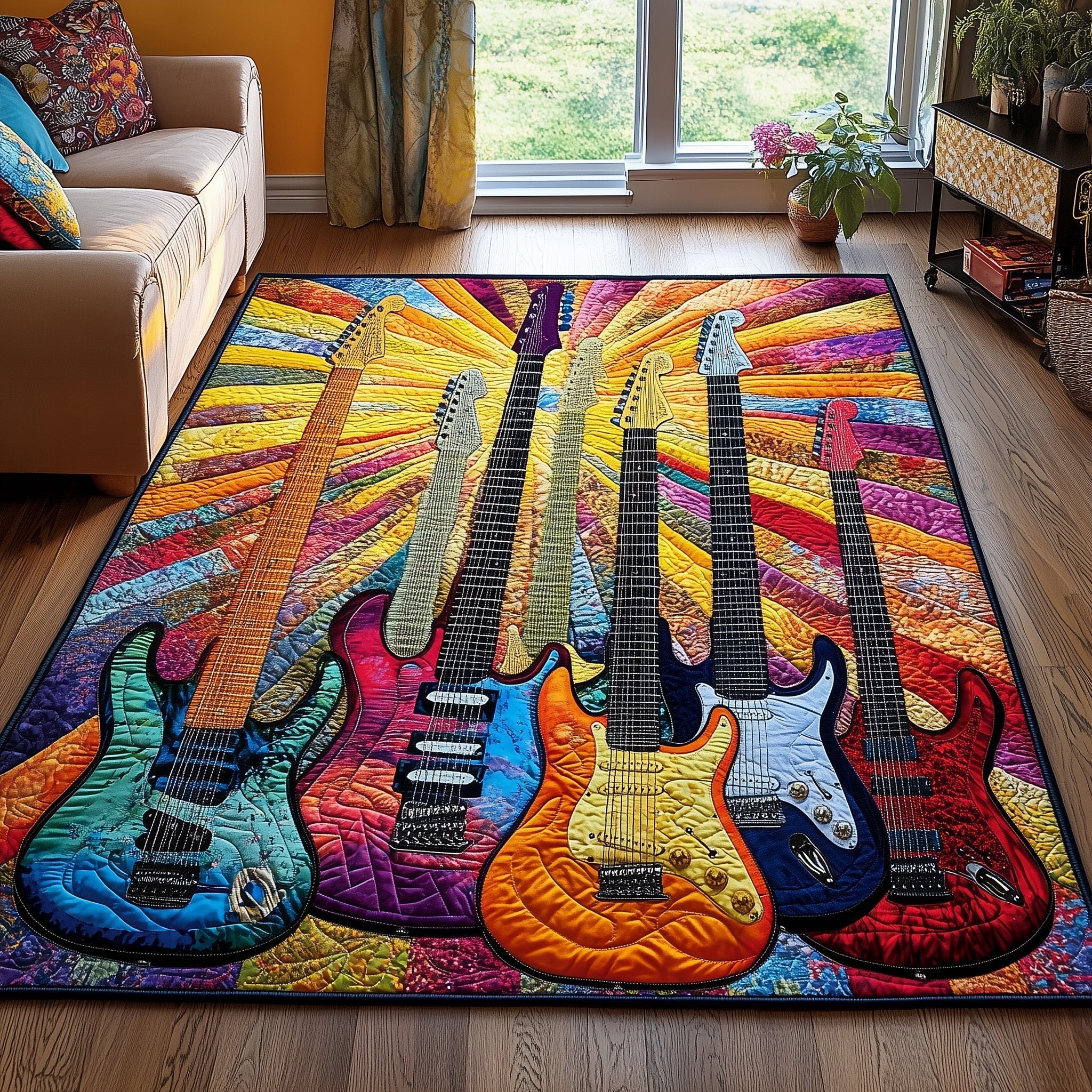Electric Guitar area rug in a living room