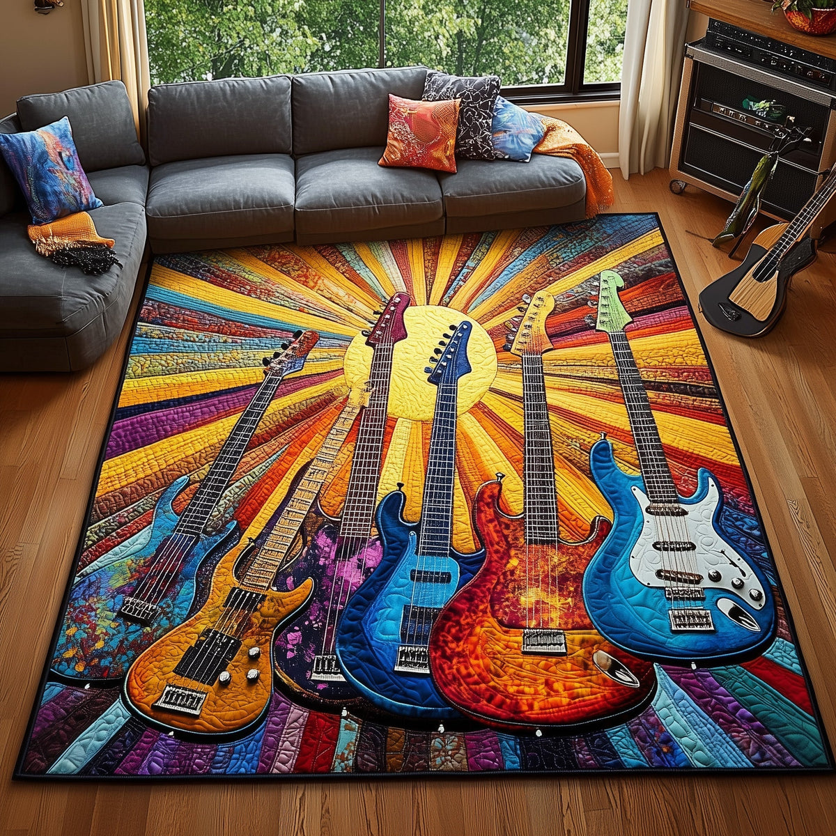 Electric Guitar area rug in a living room