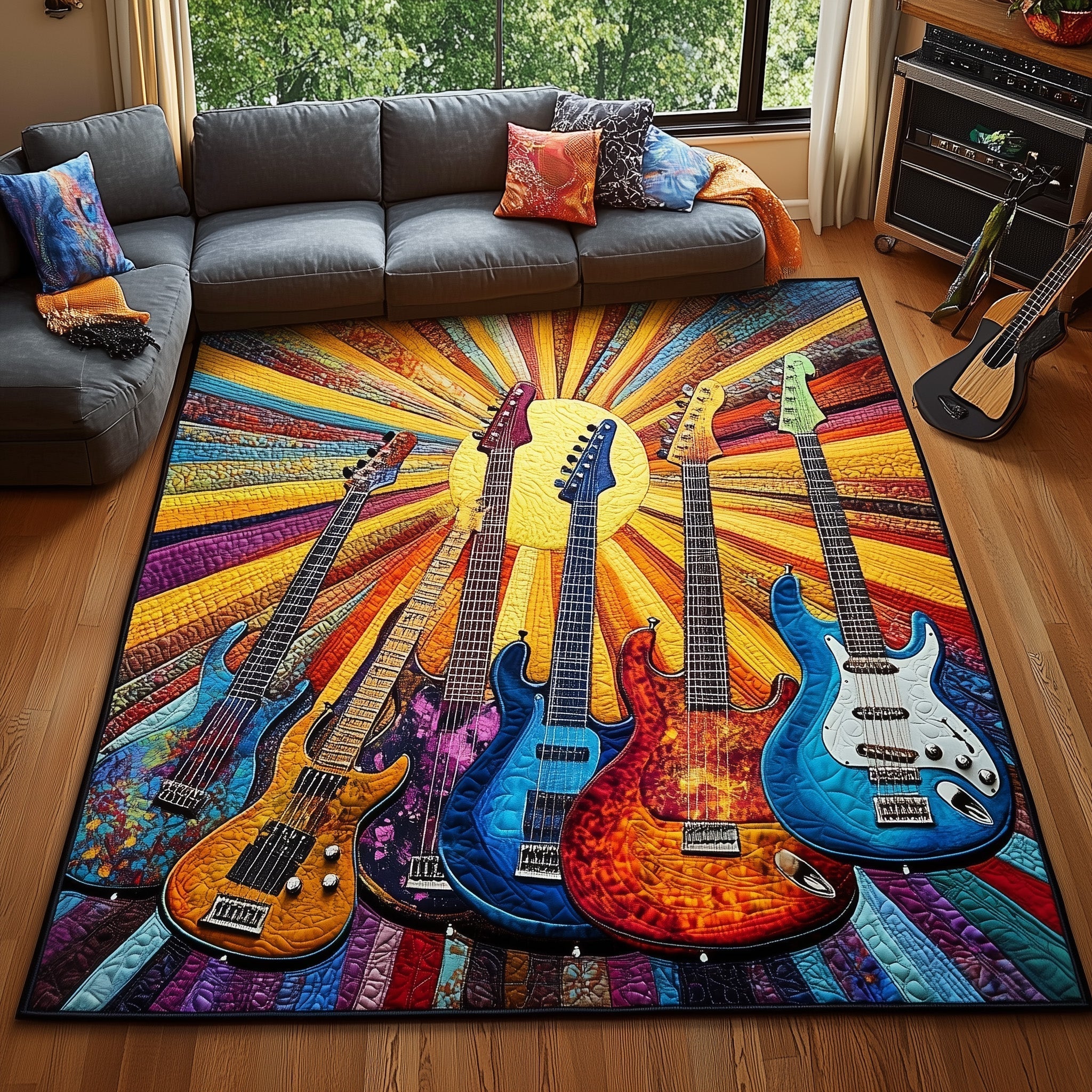 Electric Guitar area rug in a living room