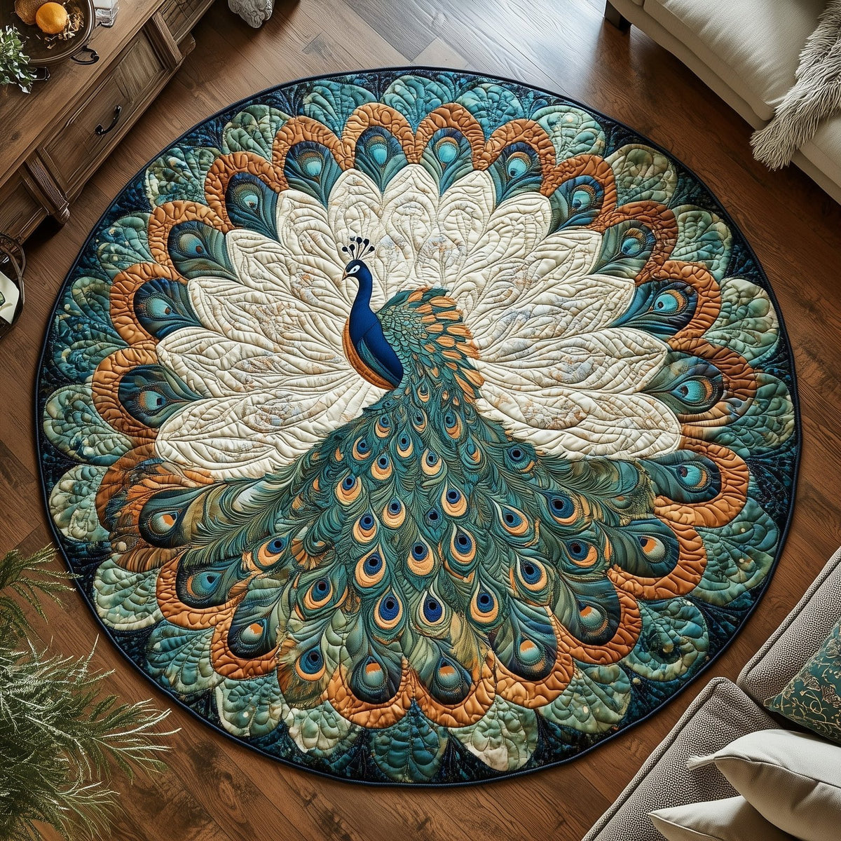 Elegant Feather Round Mat Rug - Nature Design | Serene Home Decor