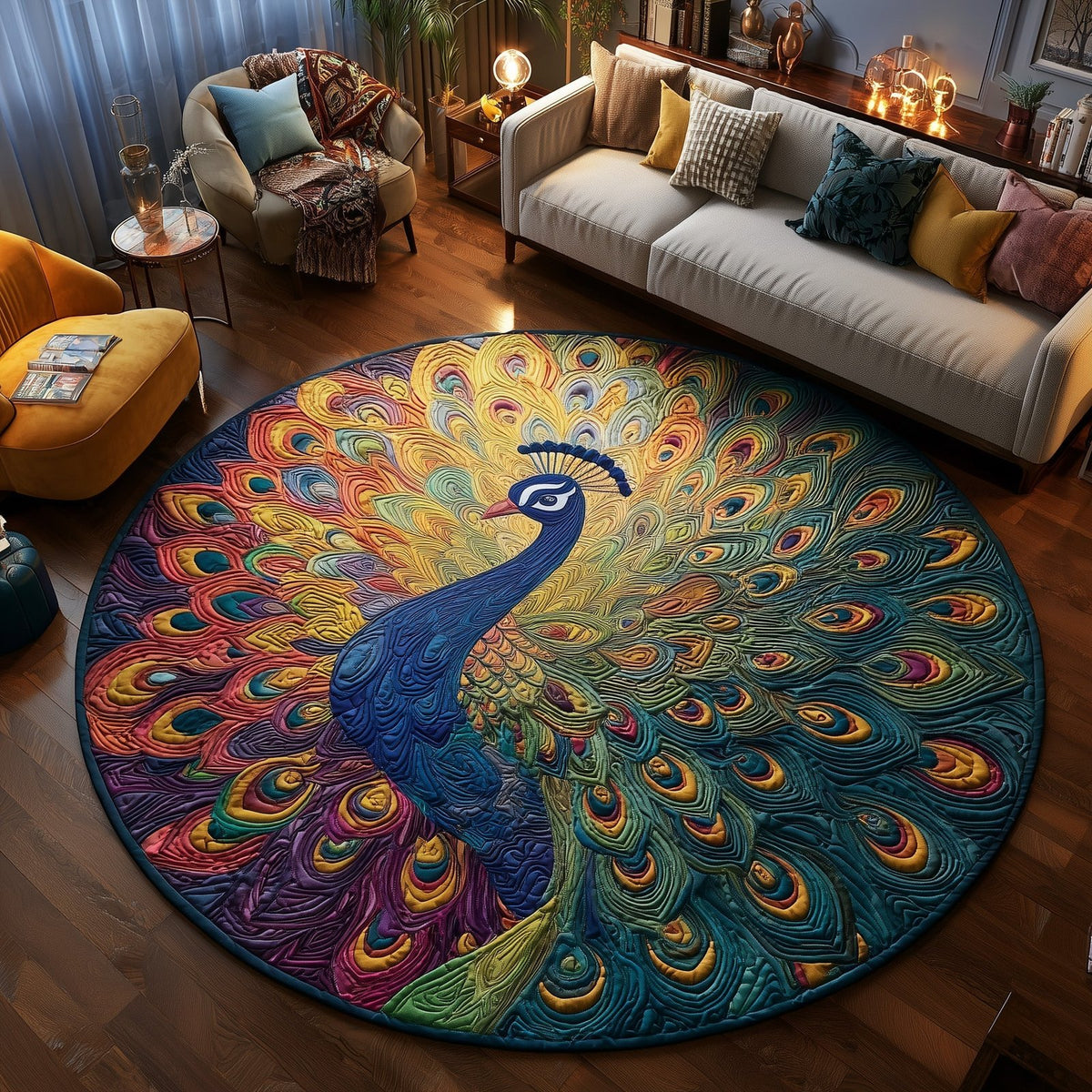 Elegant Feather Round Mat Rug - Nature Design | Serene Home Decor