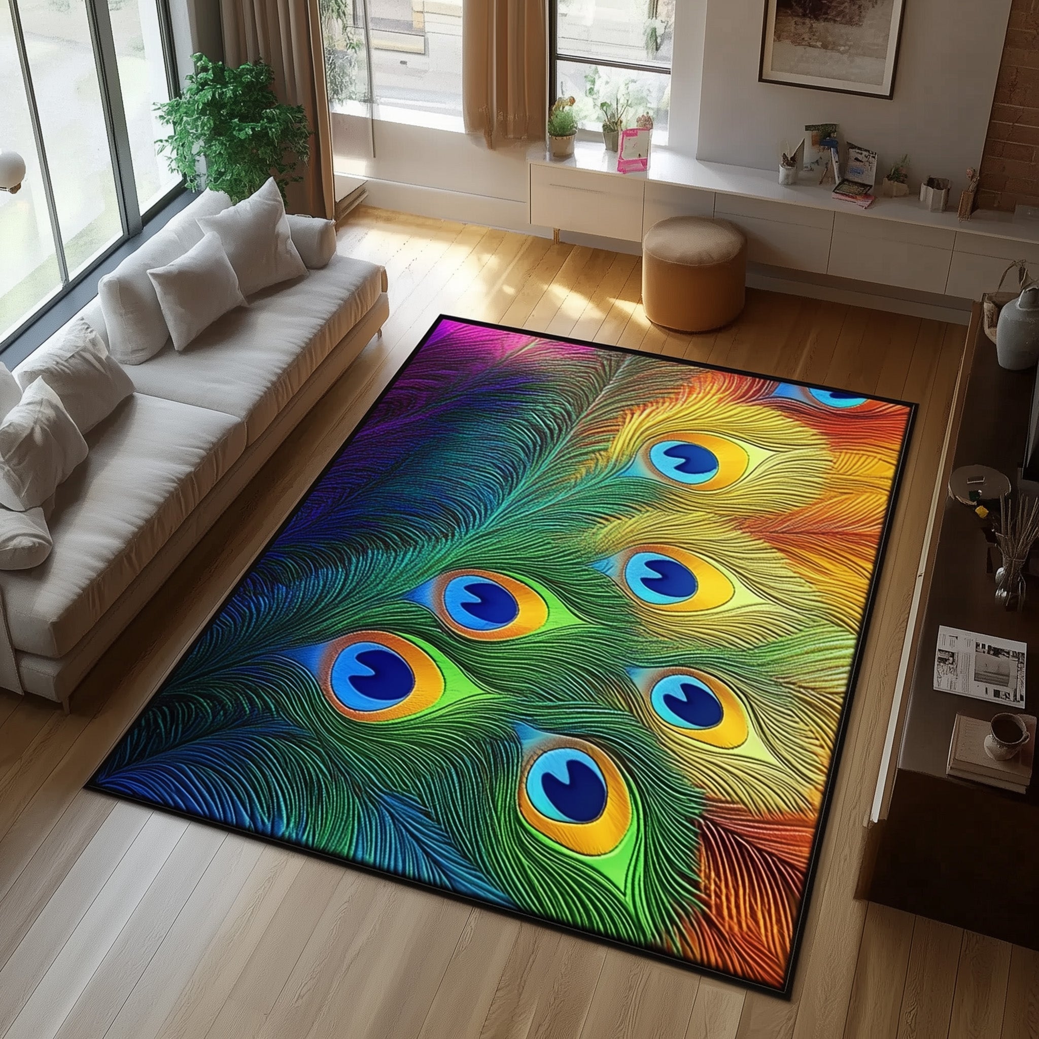 Elegant Peacock area rug in a living room