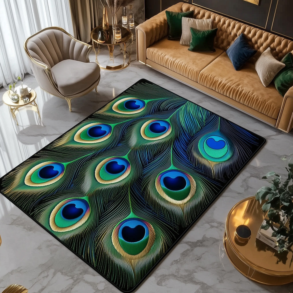 Elegant Peacock area rug in a living room