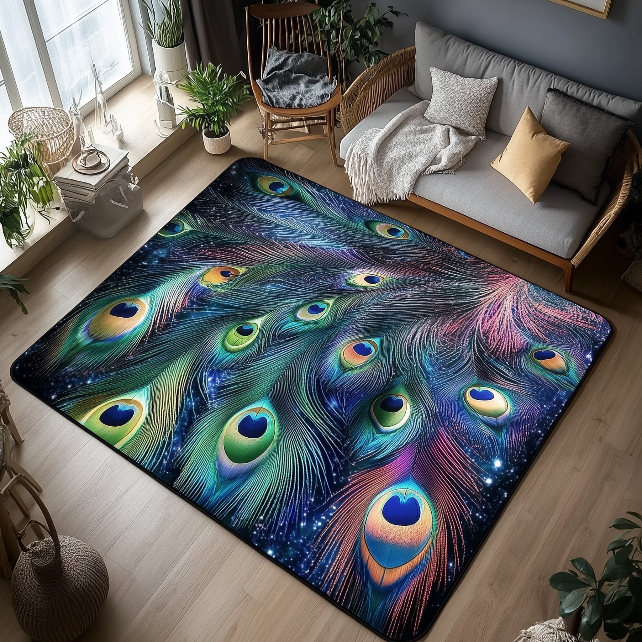 Elegant Peacock area rug in a living room