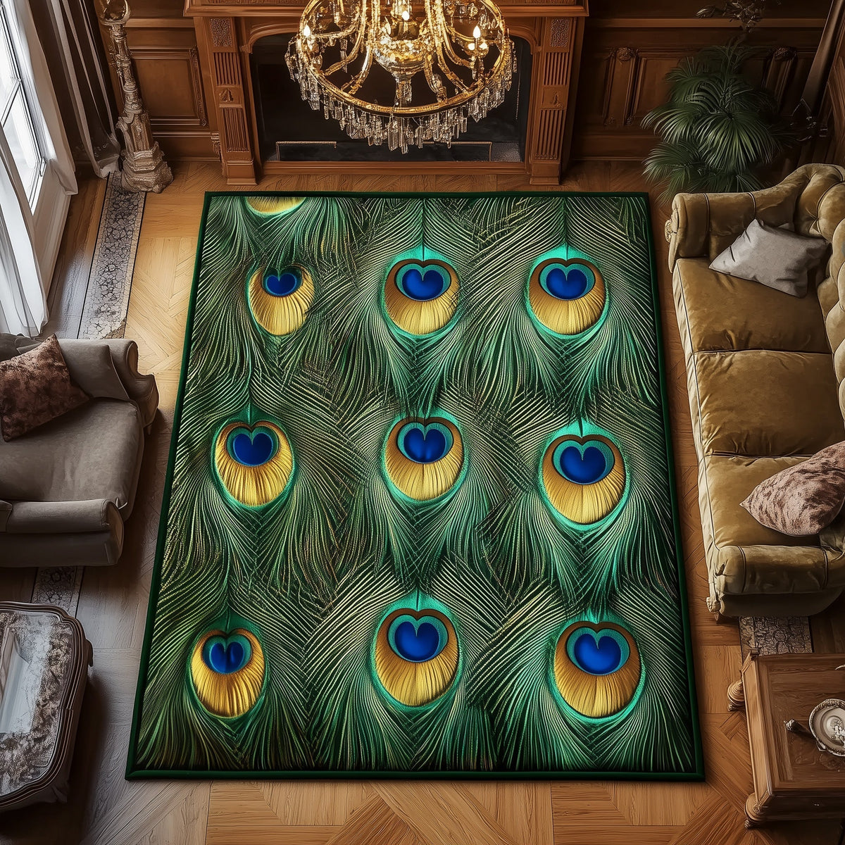Elegant Peacock area rug in a living room
