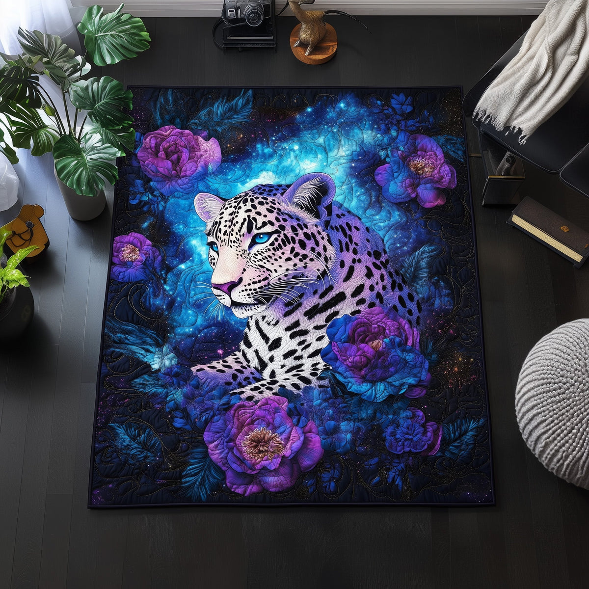 Elegant White Leopard area rug in a living room