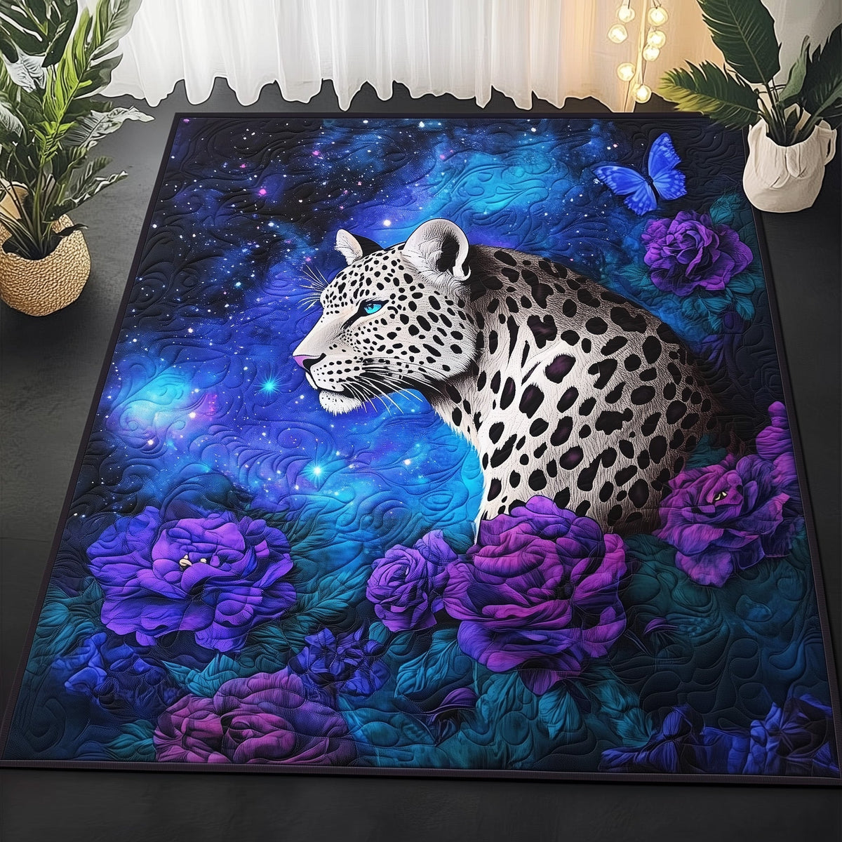 Elegant White Leopard area rug in a living room