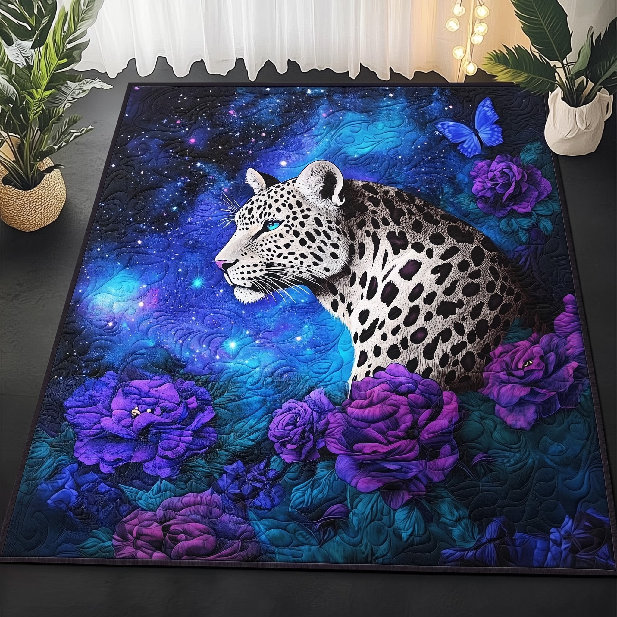 Elegant White Leopard area rug in a living room