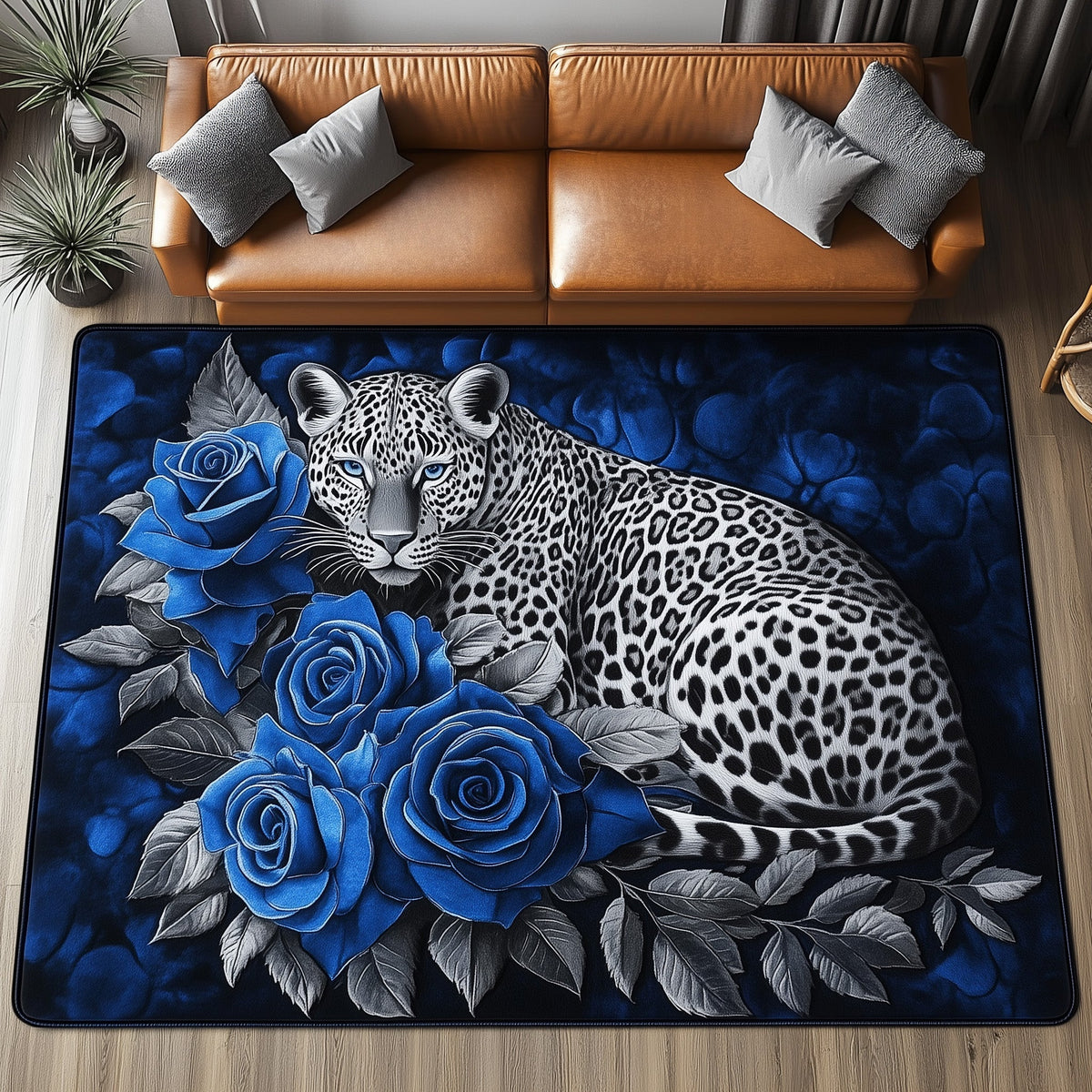 Elegant White Leopard area rug in a living room