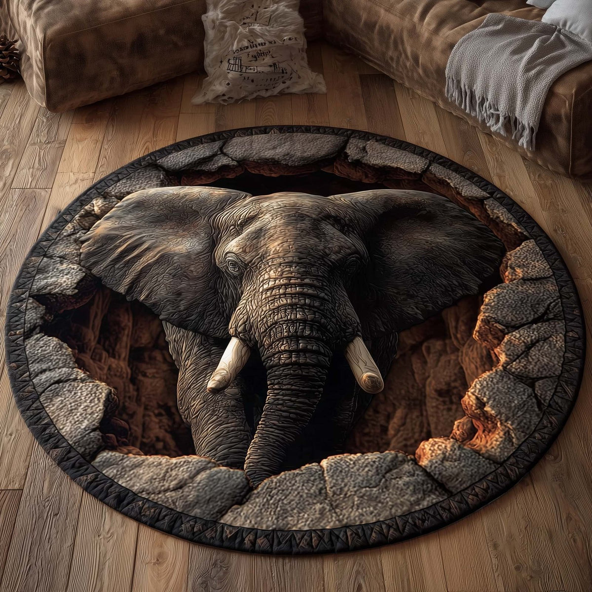 Elephant Majesty Round Mat Rug - washable non-slip printed rug