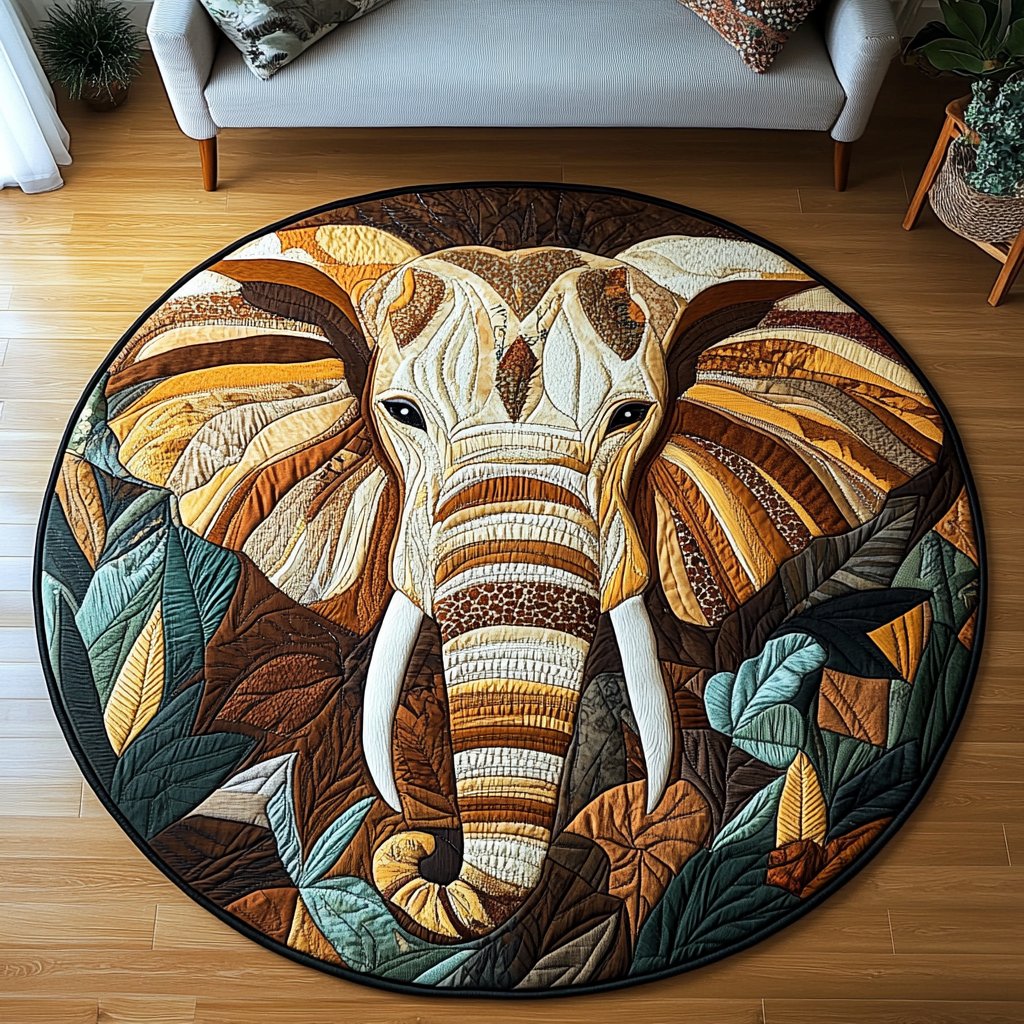 Elephant Oasis Round Mat Rug - washable non-slip printed rug