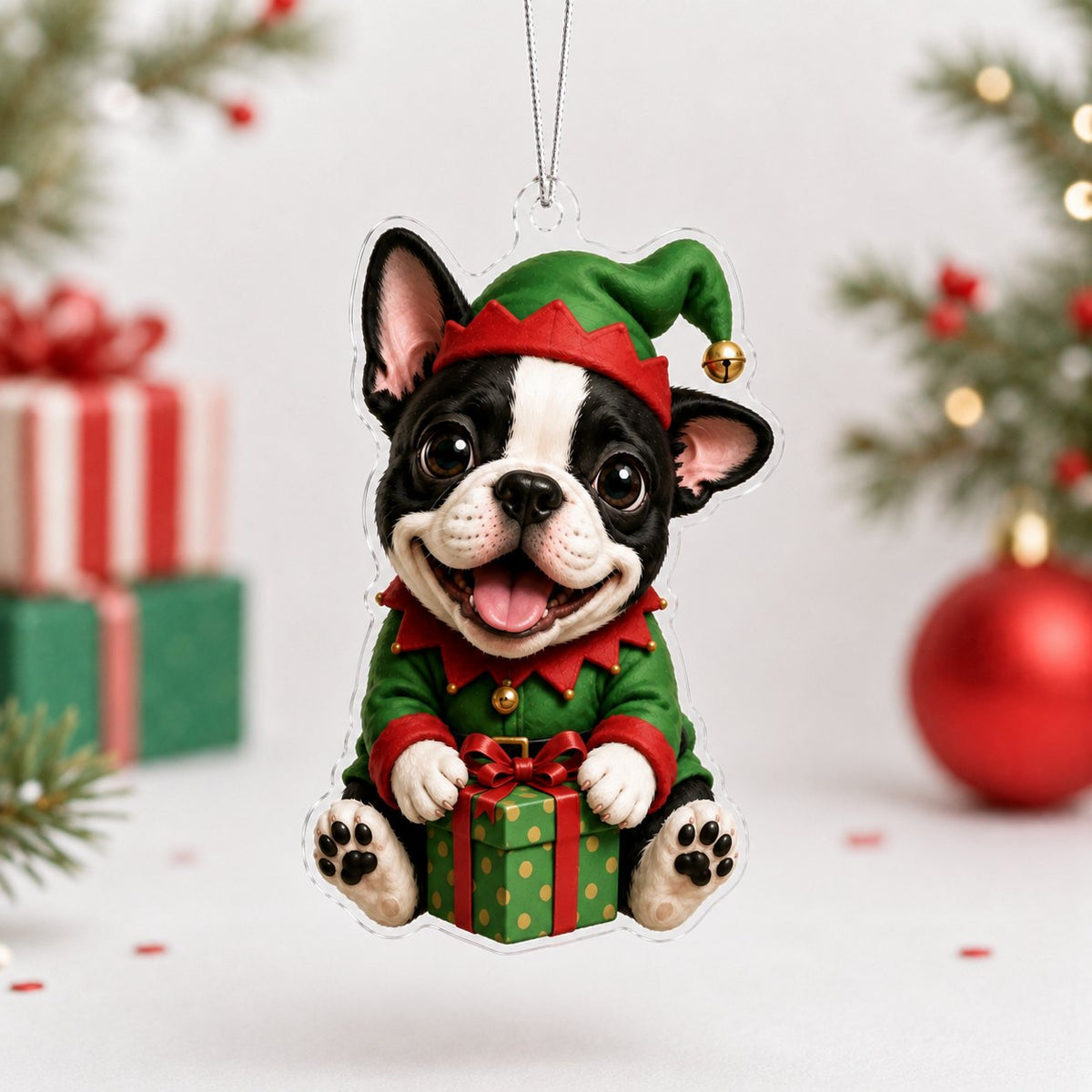 Boston Terrier Elf with a Gift Christmas Ornament