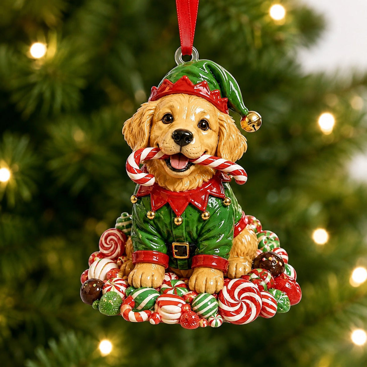 Elf Golden Retriever Christmas Ornament