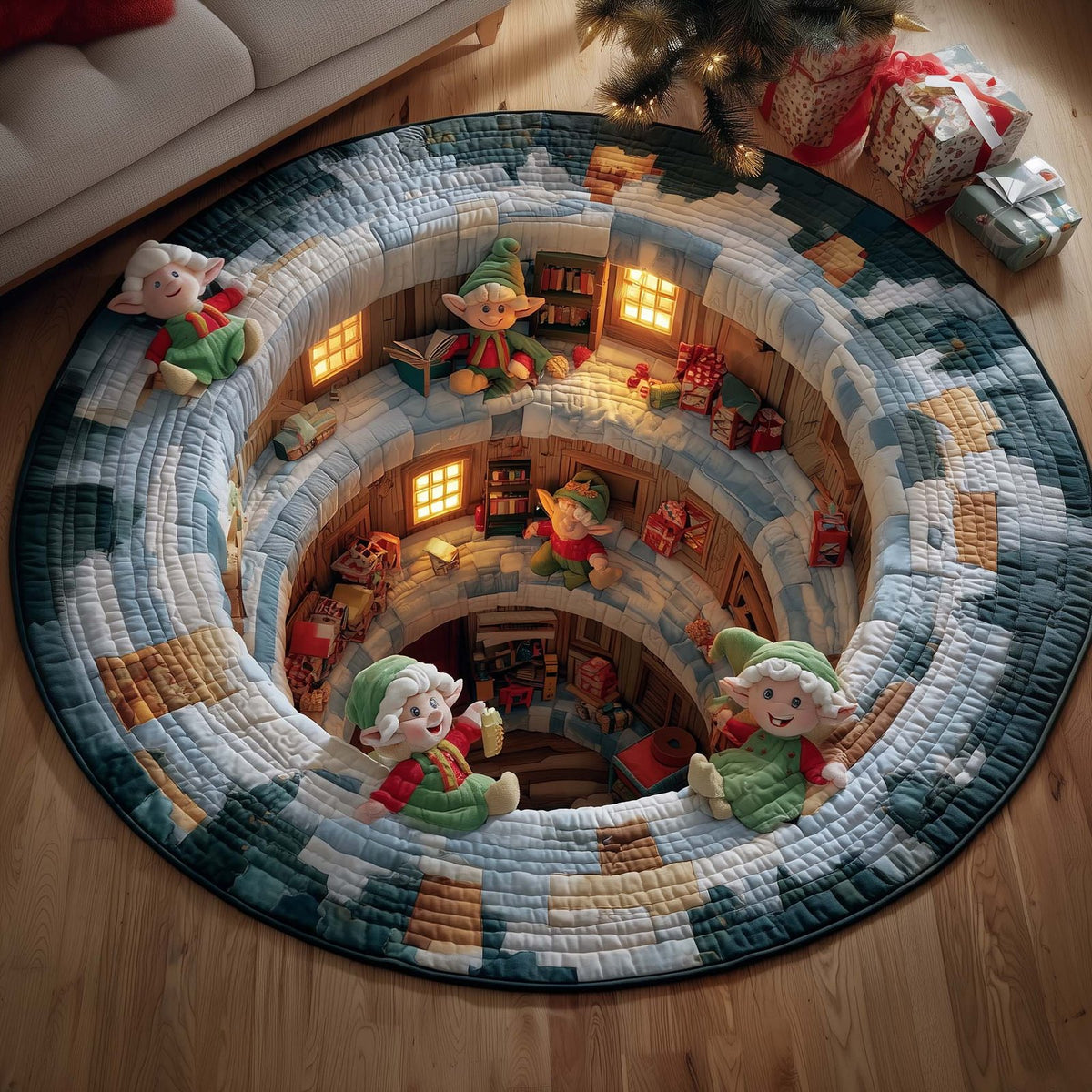 Elves Working Round Mat Rug - washable non-slip printed rug