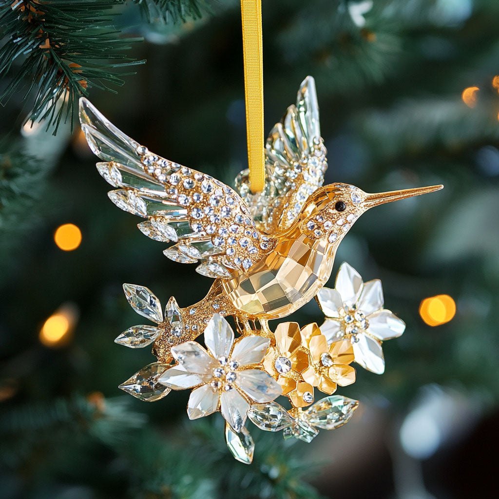 Crystal Hummingbird Gold Bloom Christmas Ornament