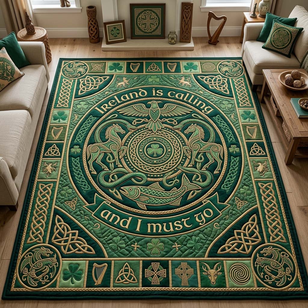 Emerald Celtic area rug in a living room