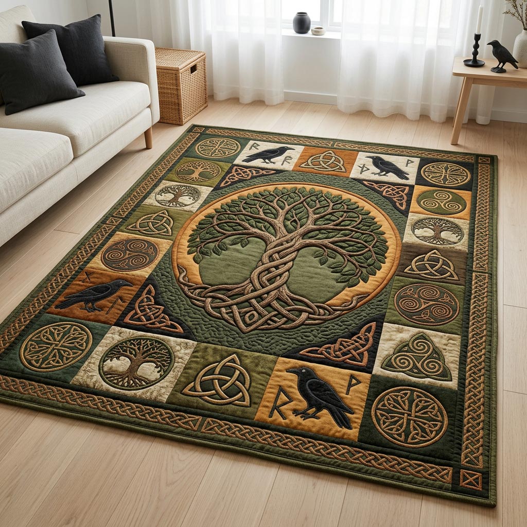 Emerald Celtic Tree of Life area rug in a living room