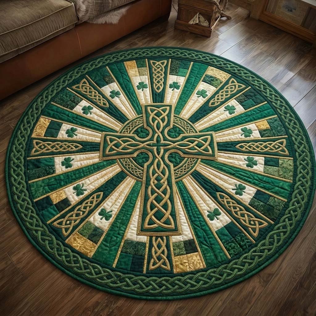 Emerald Cross Faith Round Mat Rug - washable non-slip printed rug