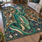 Emerald Dragon Book Sanctuary area rug in a living room