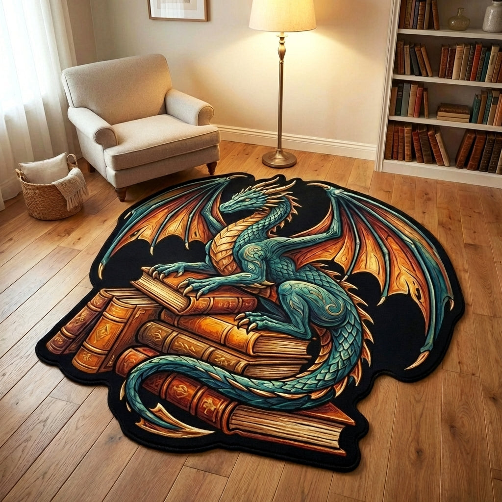 Emerald Dragon Custom Shape Area Rug - Cute Animal Design | Die-Cut Non-Slip Rug - washable non-slip printed rug