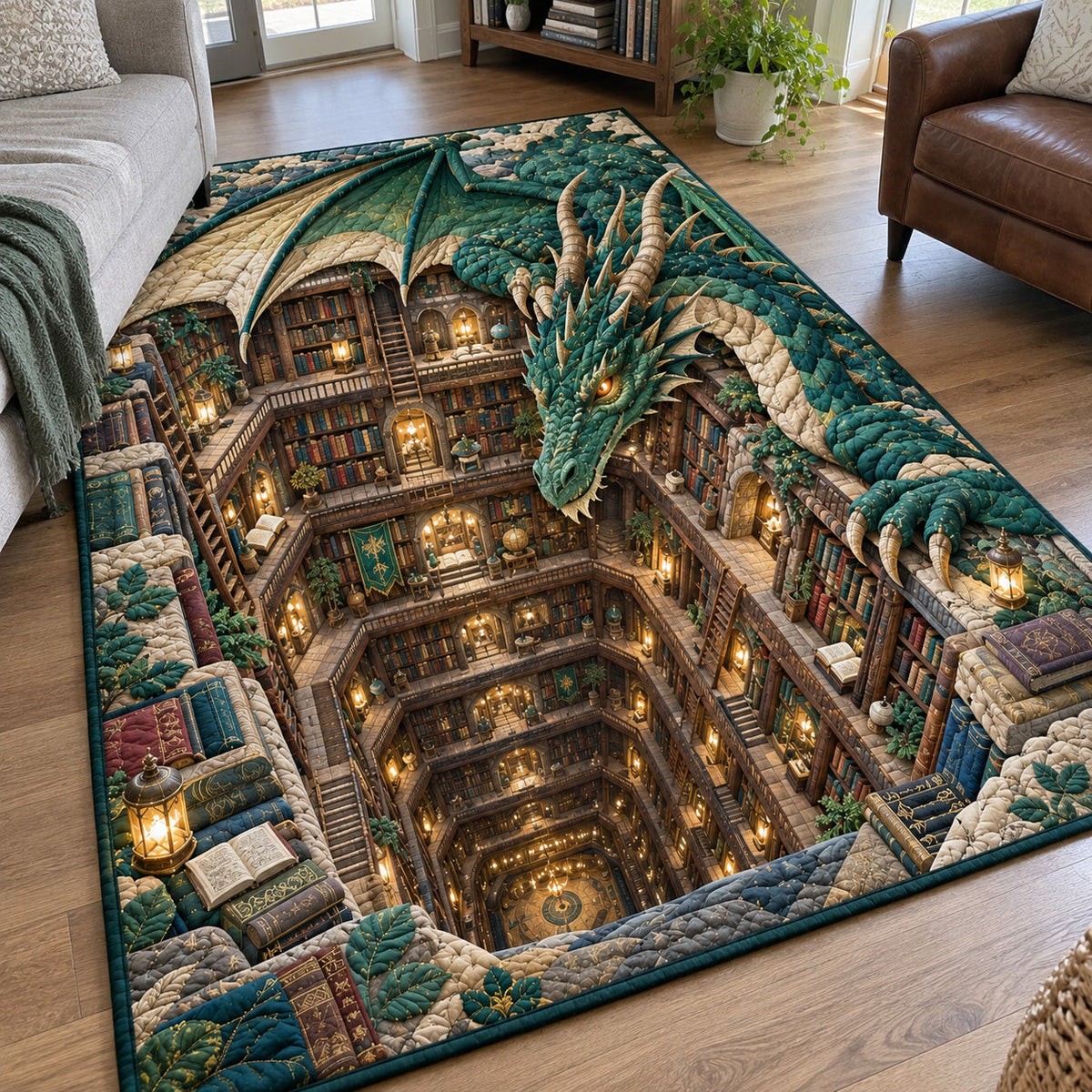 Emerald Dragon Secret Library area rug in a living room