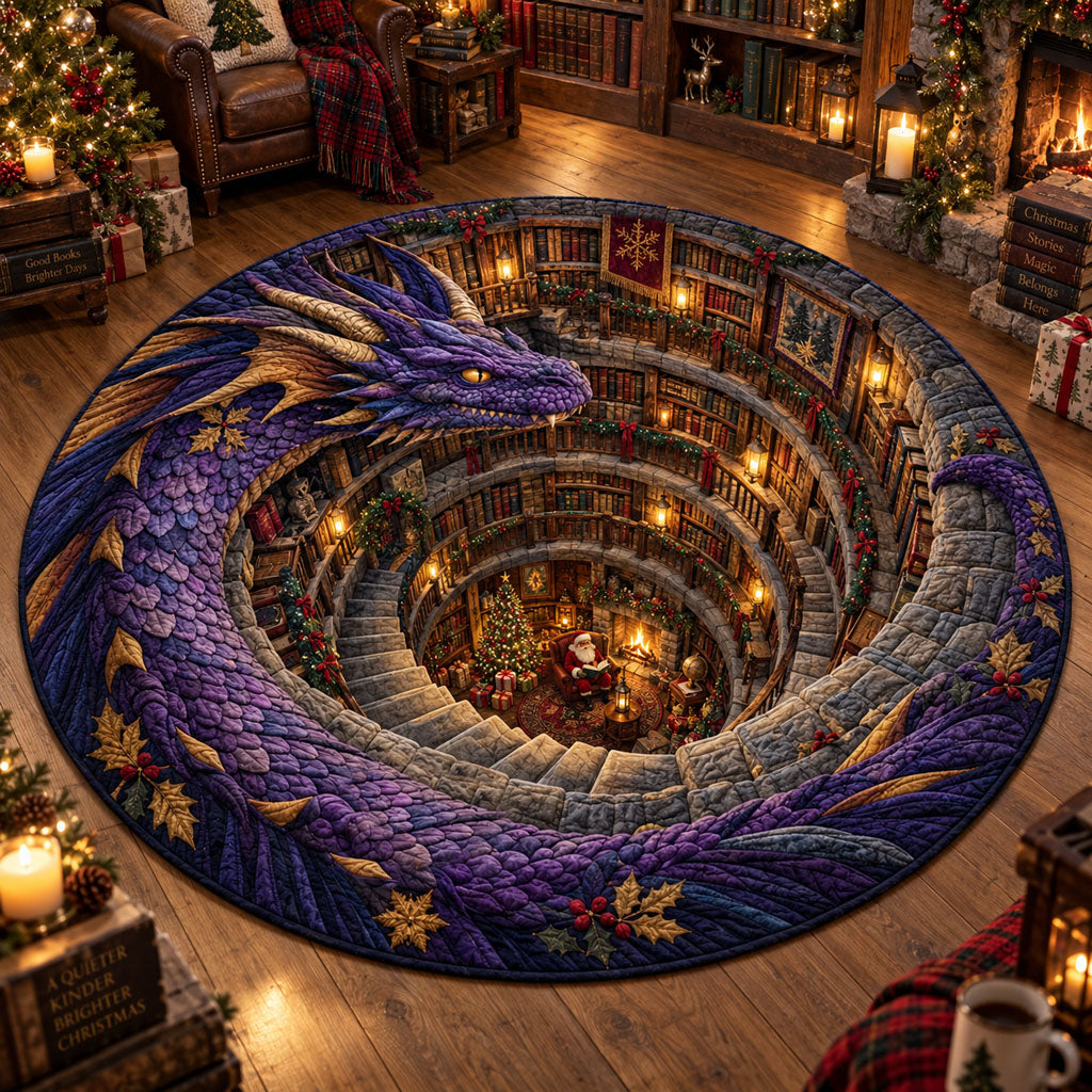 Emerald Dragon Spiral Library Round Mat Rug - Cute Animal Design | Charming Home Decor - washable non-slip printed rug