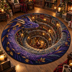 Emerald Dragon Spiral Library Round Mat Rug - Cute Animal Design | Charming Home Decor - washable non-slip printed rug