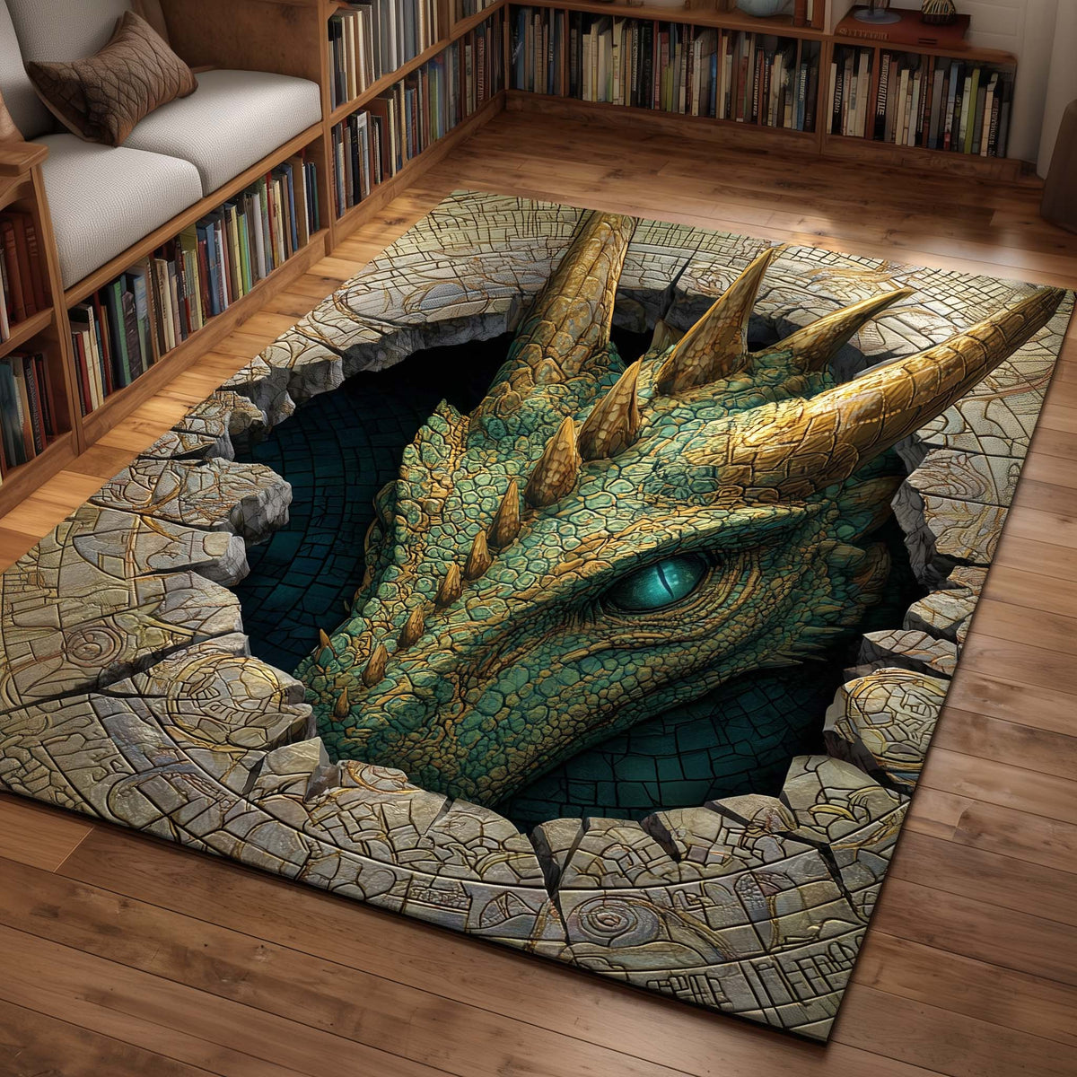 Emerald Gaze area rug in a living room