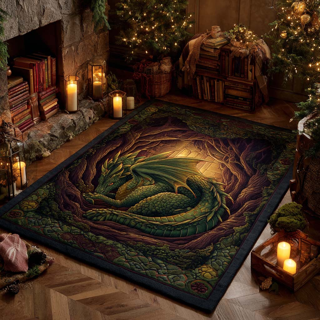Emerald Guardian Dragon area rug in a living room