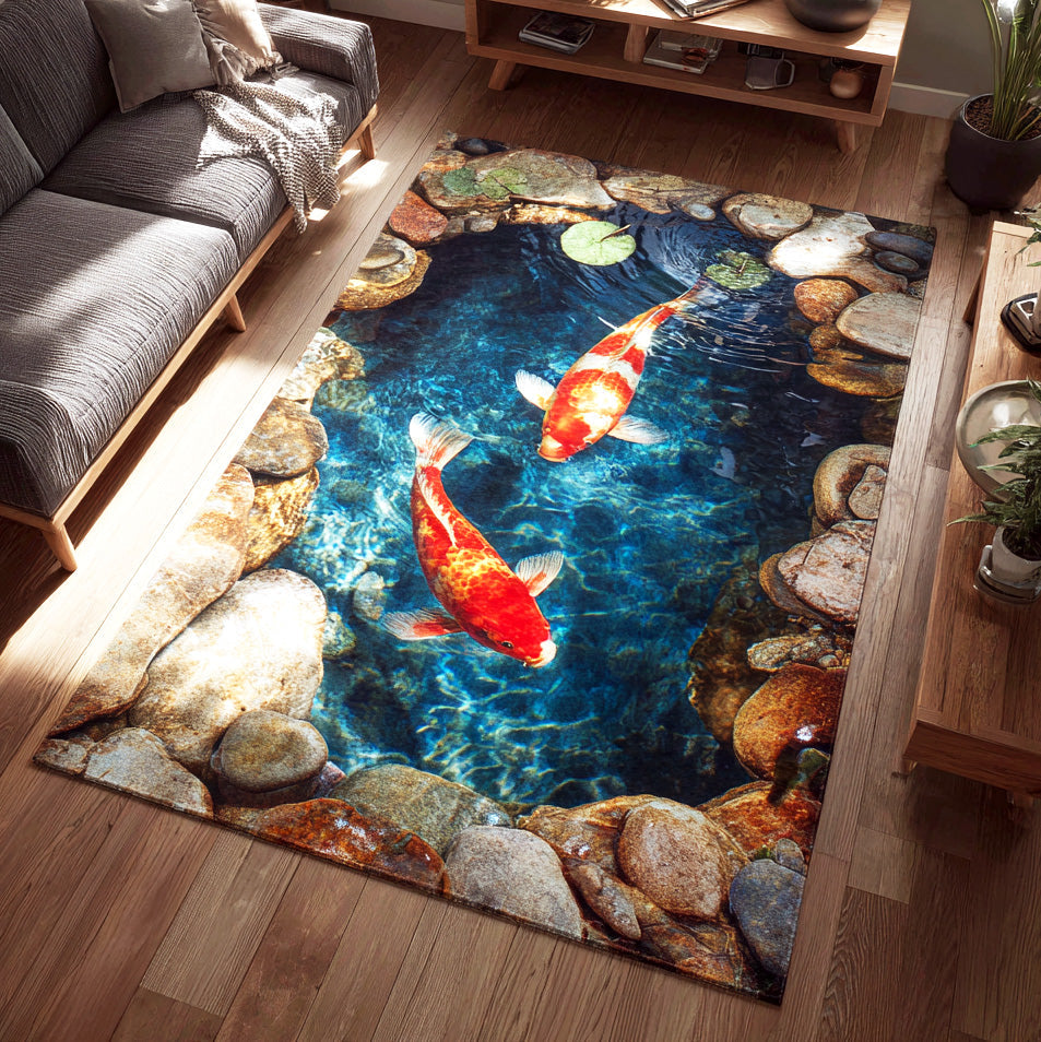 Emerald Koi Pool area rug in a living room