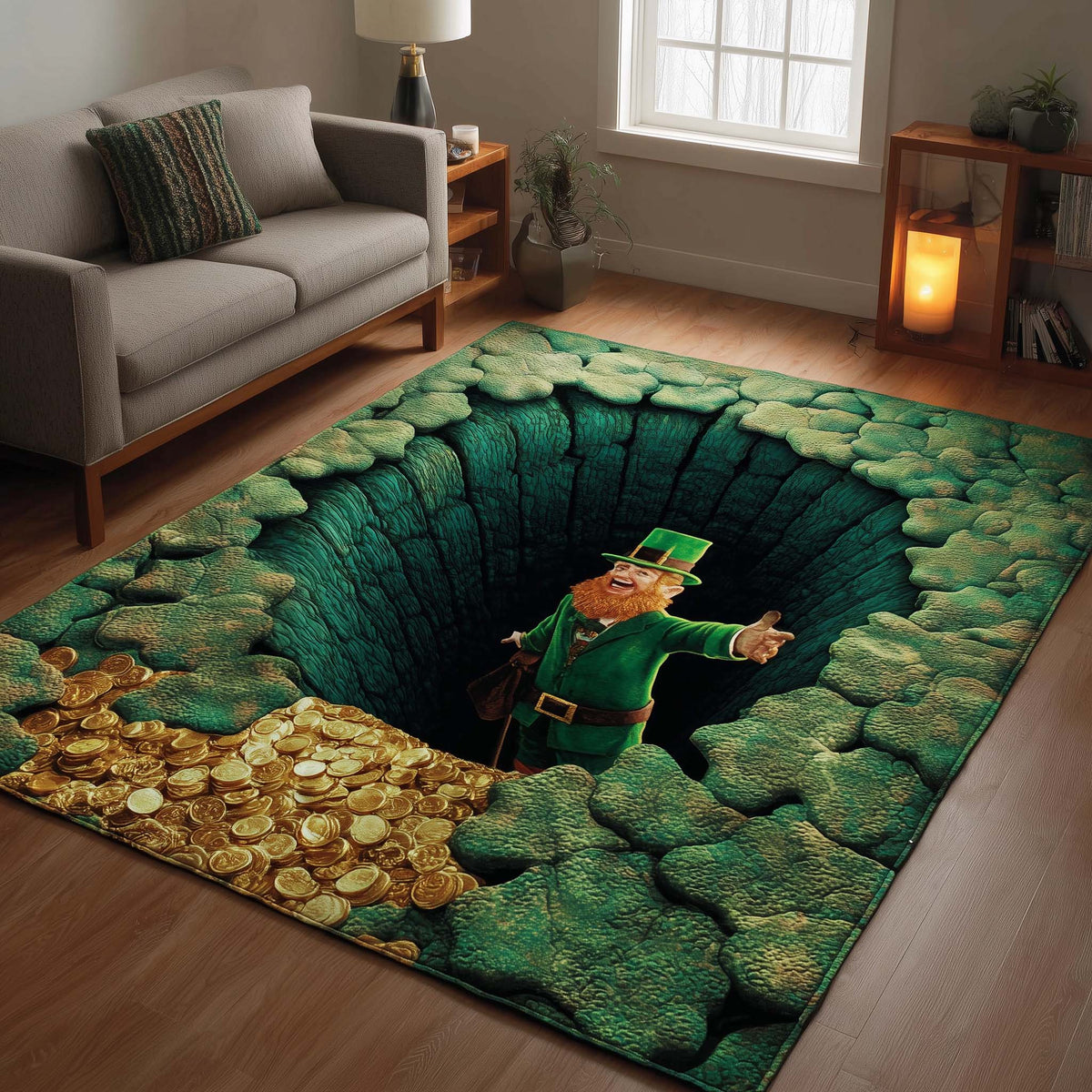 Emerald Treasure Pit area rug in a living room