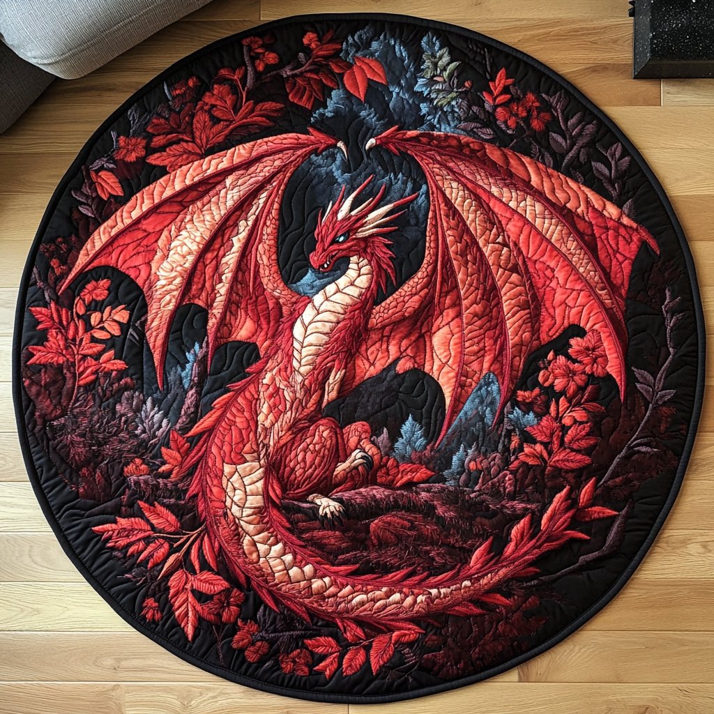 Emerald Wyvern Round Mat Rug - washable non-slip printed rug