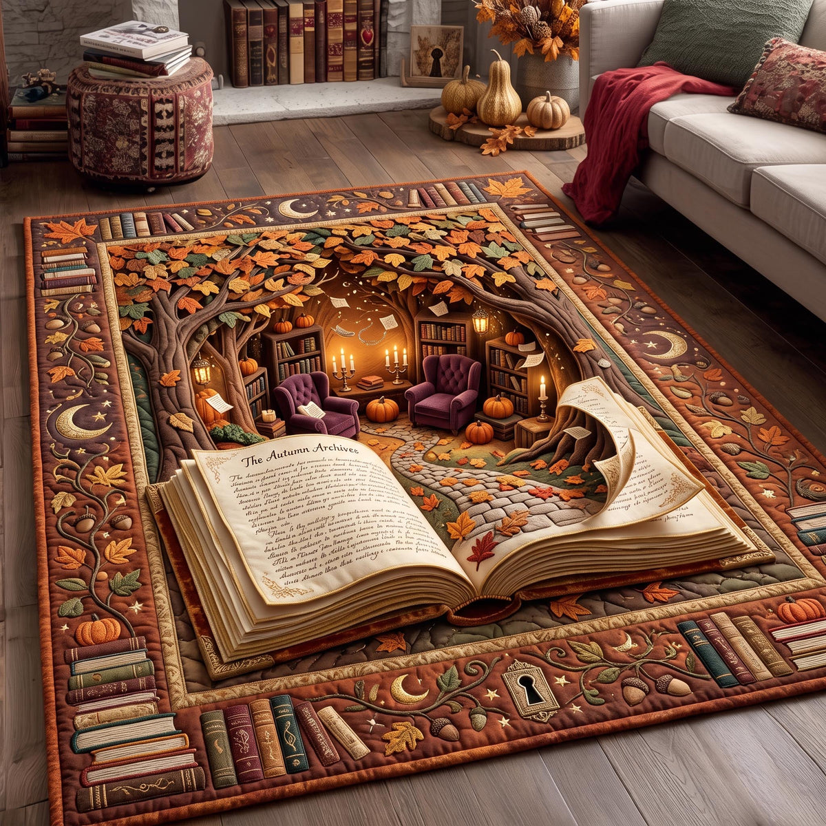 Enchanted Book area rug in a living room