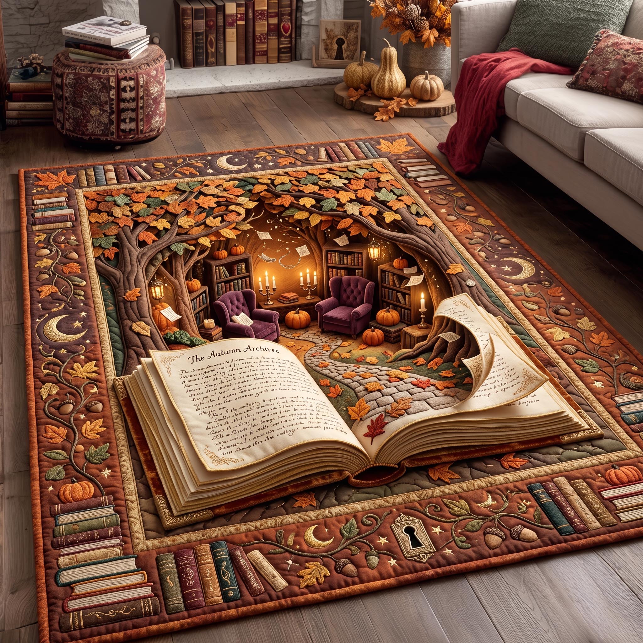 Enchanted Book area rug in a living room