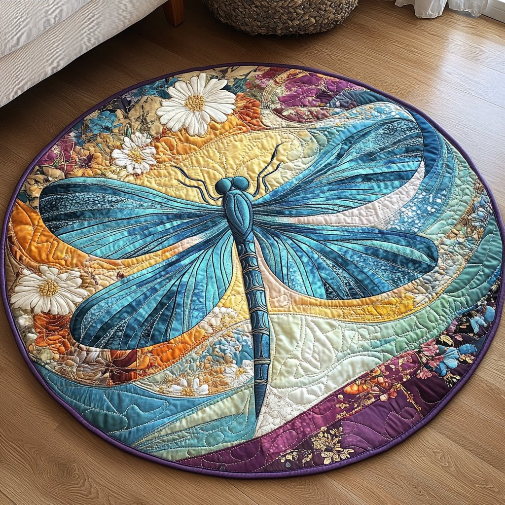 Enchanted Breeze Dragonfly Round Mat Rug - washable non-slip printed rug