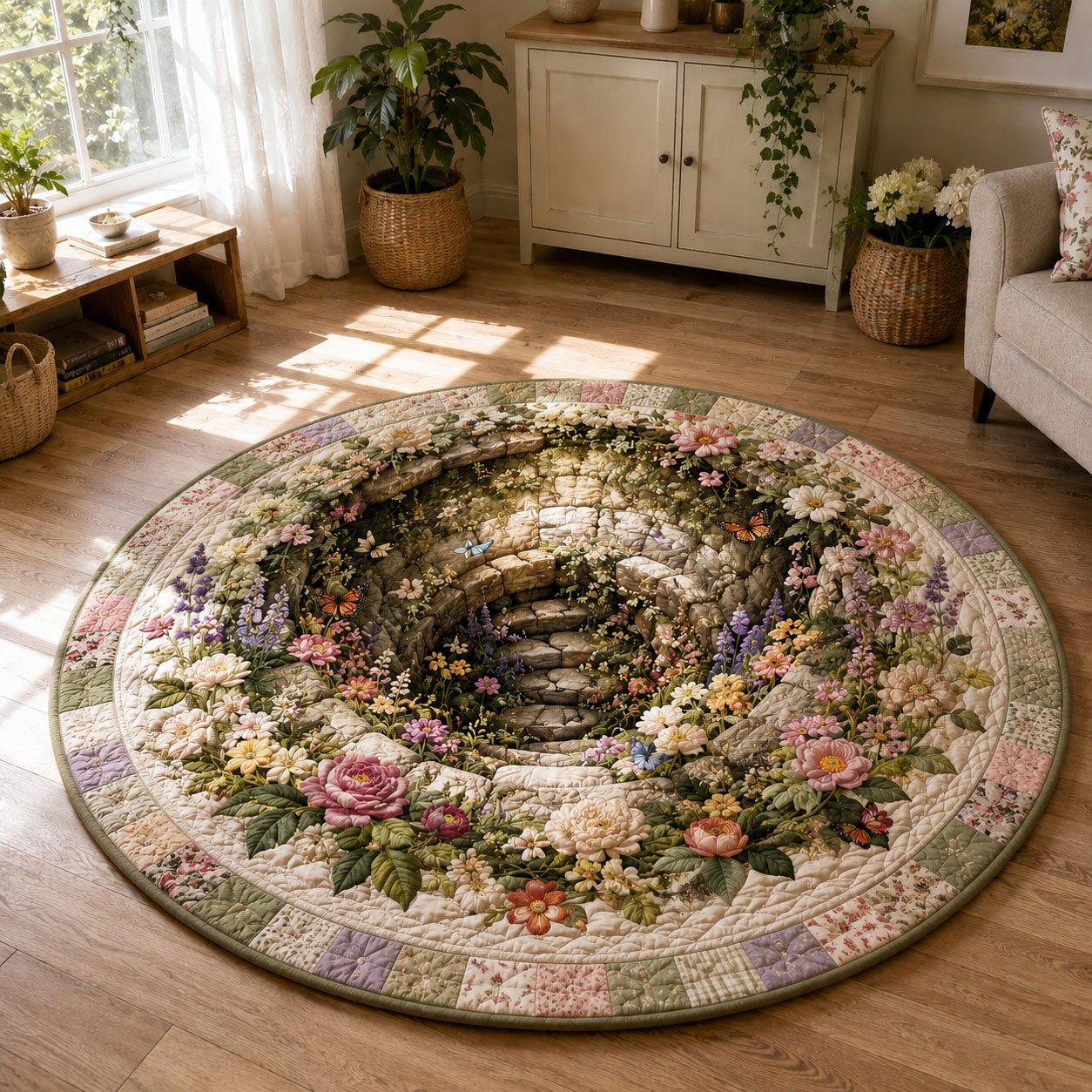 Enchanted Cottage Garden Stairway Round Mat Rug - Nature Design | Serene Home Decor