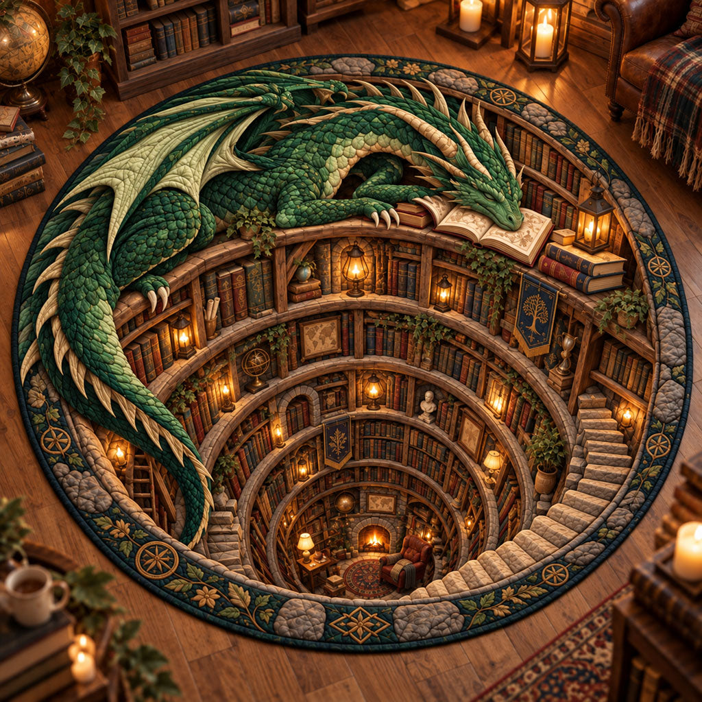 Enchanted Dragon Library Vortex Round Mat Rug - Cute Animal Design | Charming Home Decor - washable non-slip printed rug