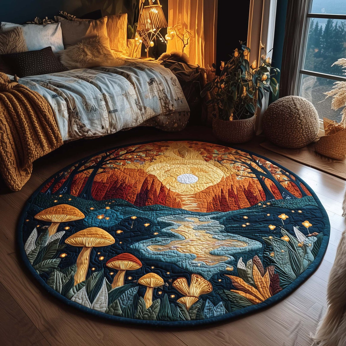 Enchanted Mushroom River Round Mat Rug - washable non-slip printed rug