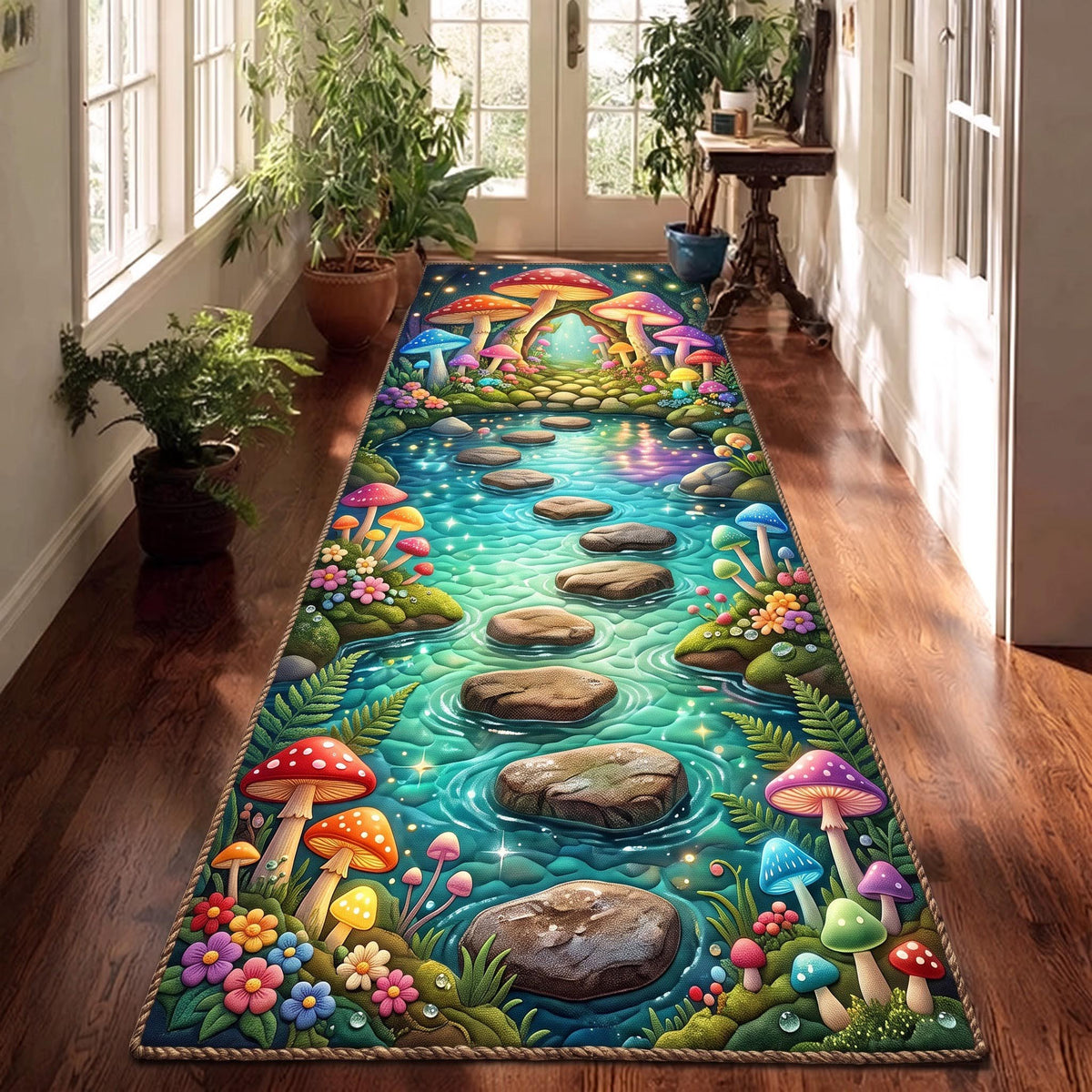 Enchanted Mushroom River Runner Rug - Nature Design | Serene Runner Rug - washable non-slip printed rug
