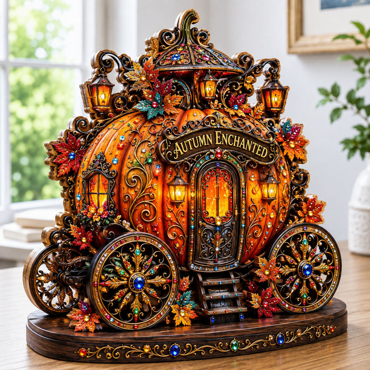 Enchanted Pumpkin Carriage wooden block, laser-cut 3-layer wood