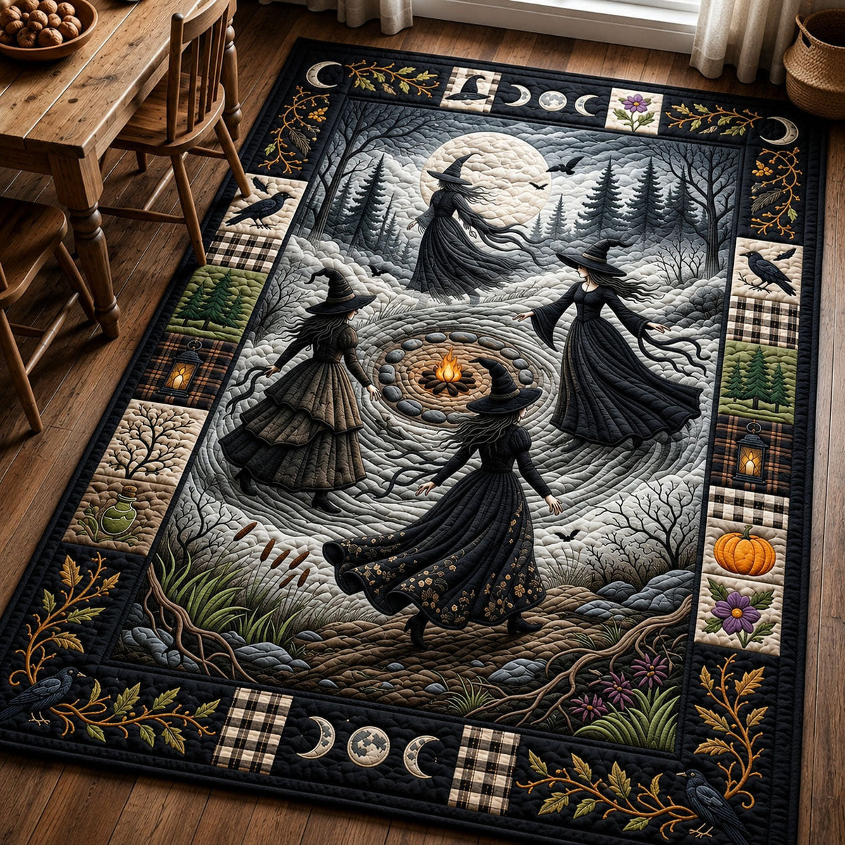 Enchanted Witches Dance area rug in a living room