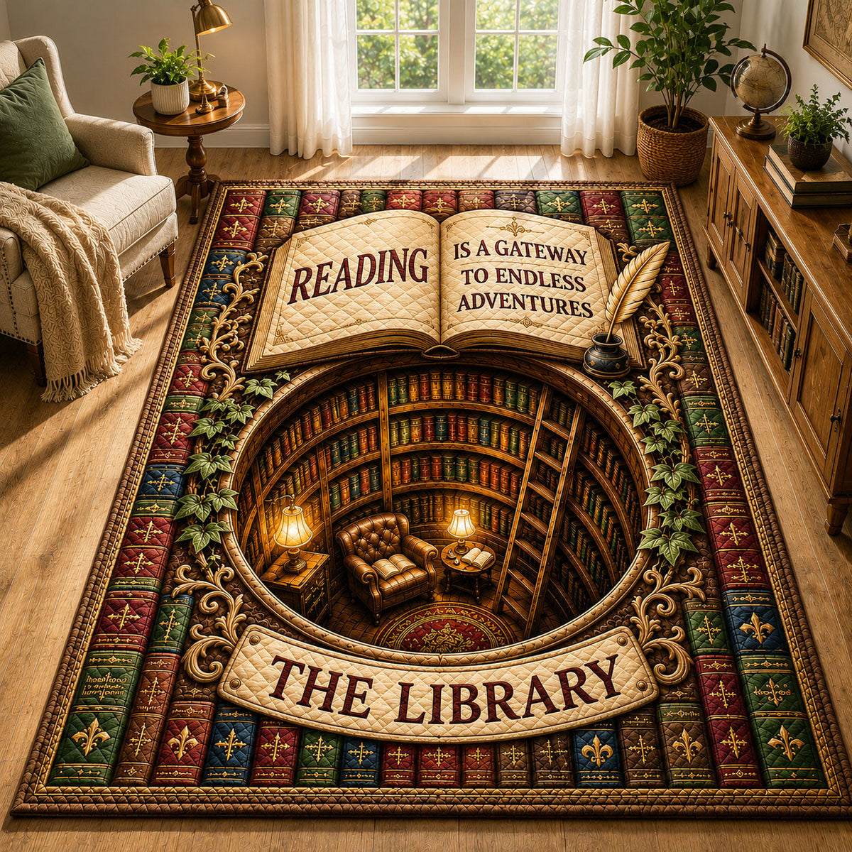 Endless Adventures Library area rug in a living room
