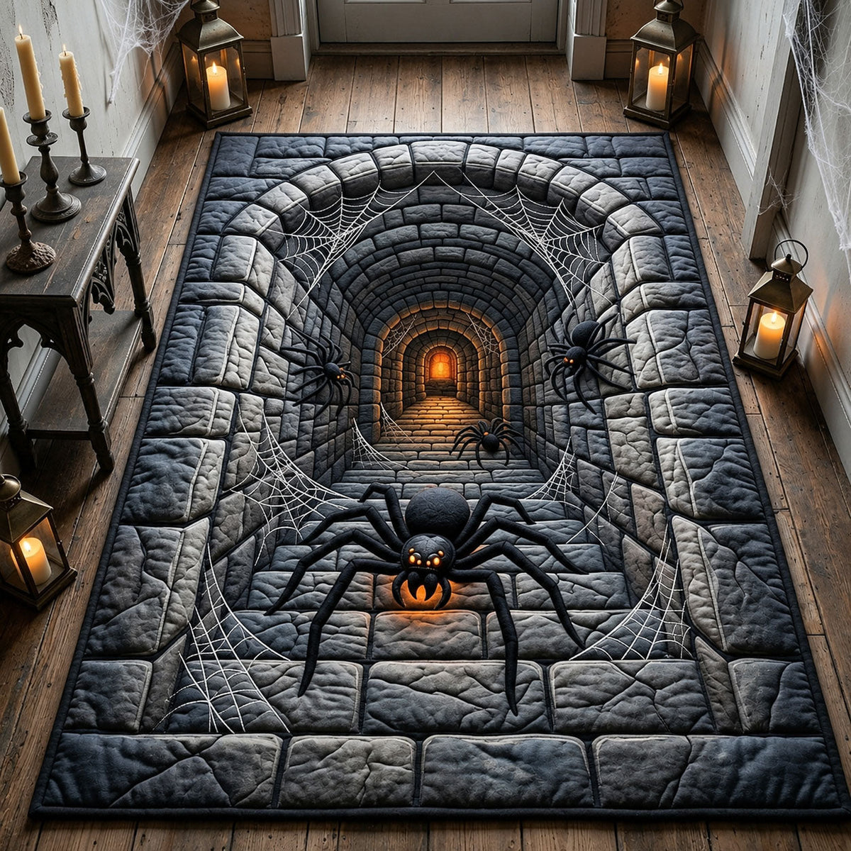Endless Spider Tunnel area rug in a living room