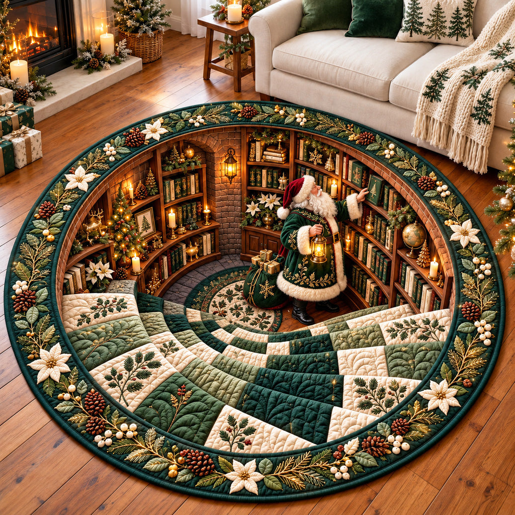 Evergreen Santa Library Round Mat Rug - Seasonal Design | Festive Home Decor - washable non-slip printed rug