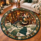 Evergreen Santa Library Round Mat Rug - Seasonal Design | Festive Home Decor - washable non-slip printed rug