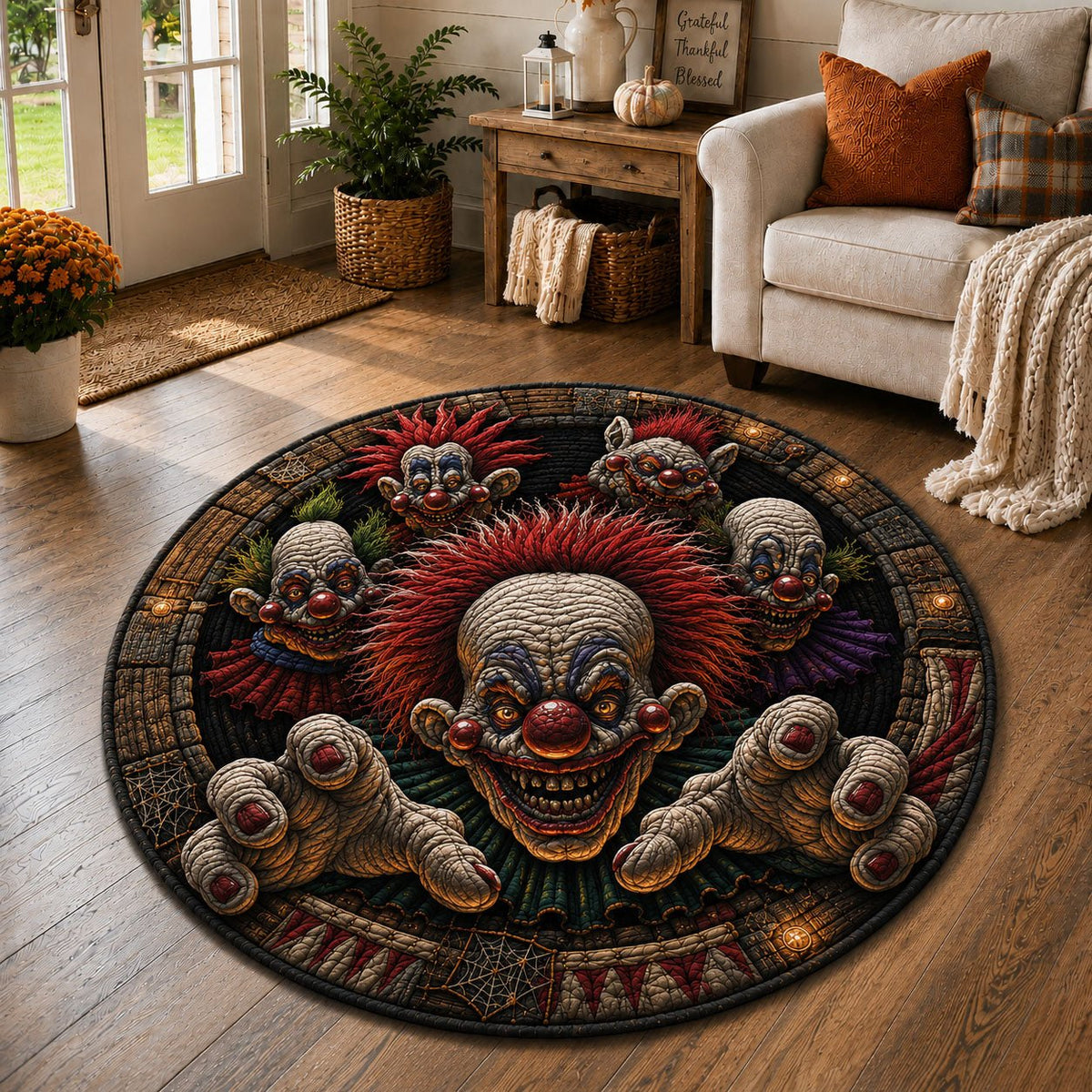 Evil Clown Circus Round Mat Rug - washable non-slip printed rug