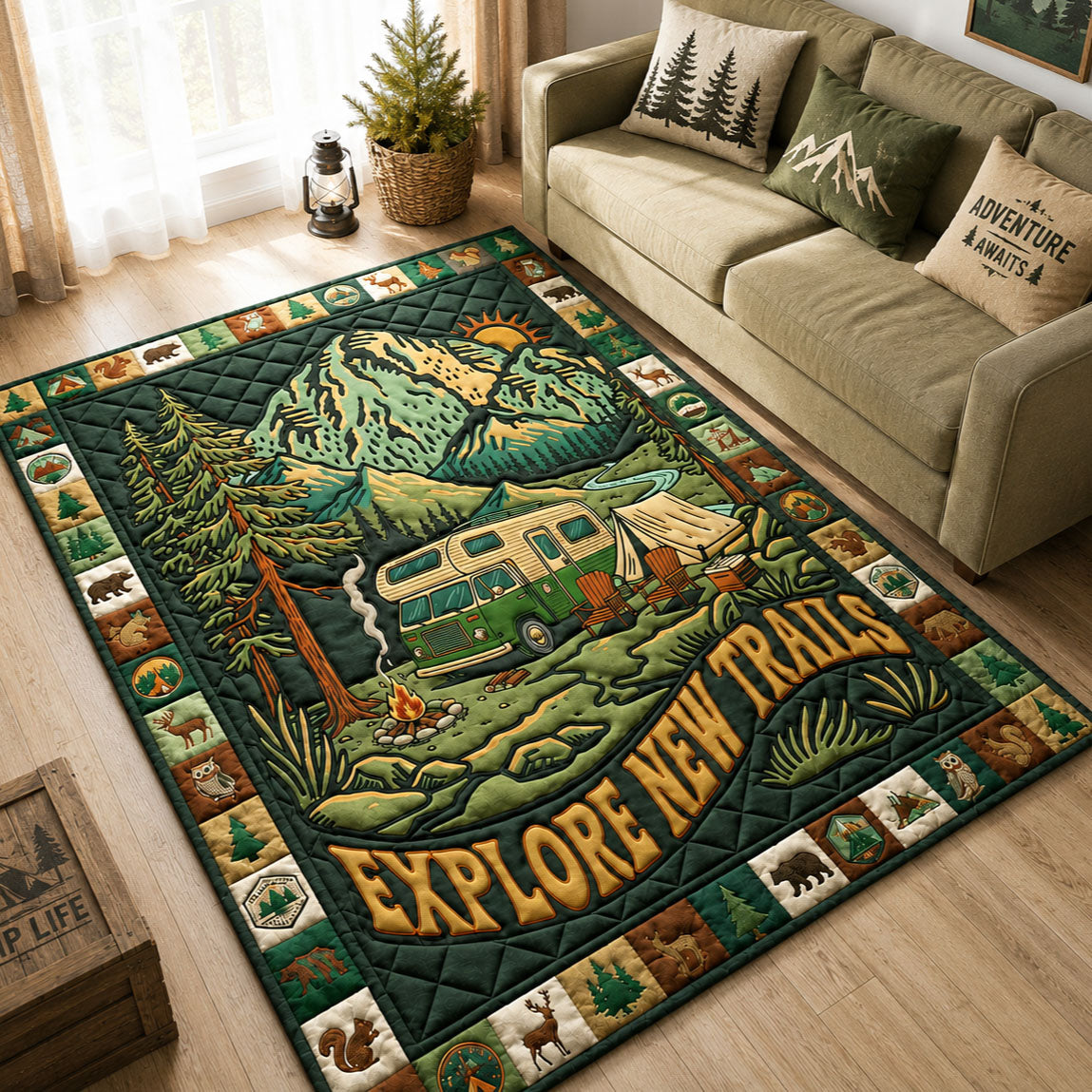 Explore New Trails Camping area rug in a living room