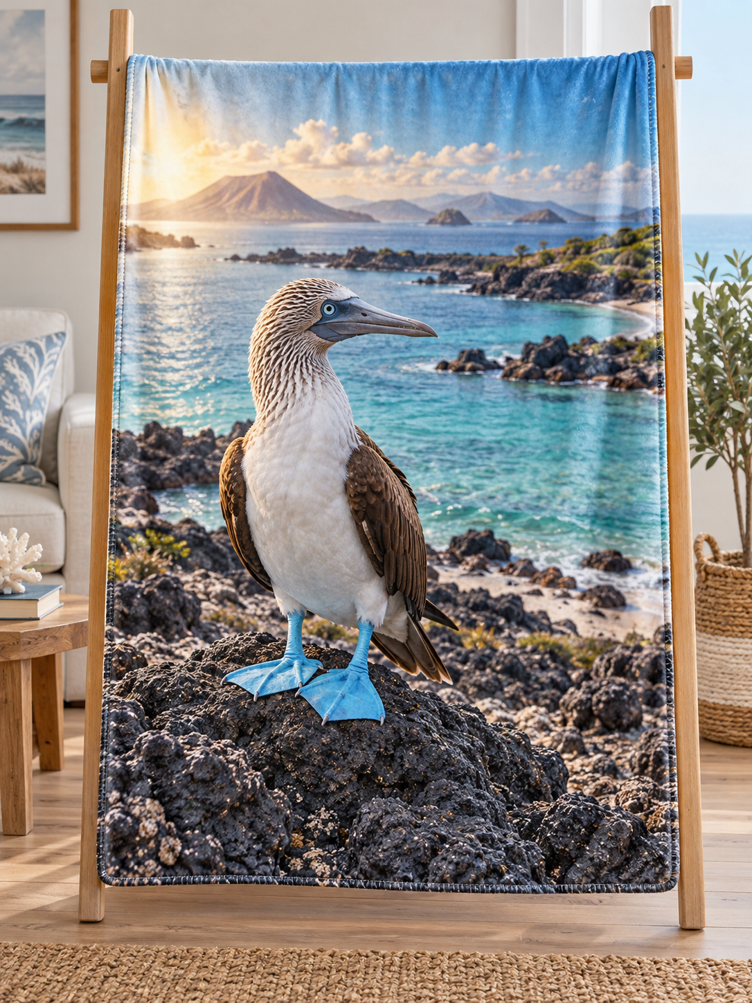 Blue-footed booby on lava before a deep turquoise coast printed on a complete fleece blanket
