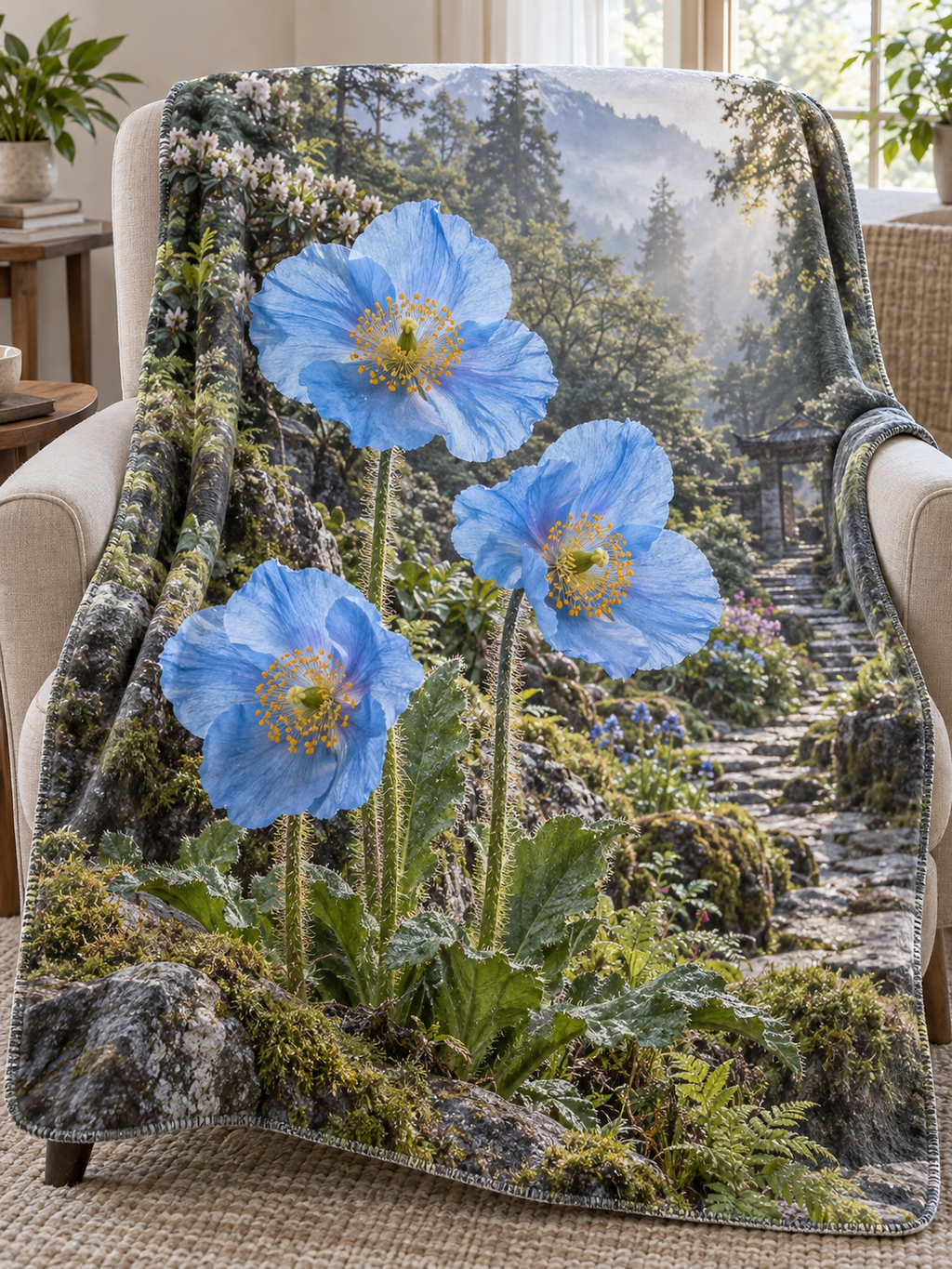 Clear blue poppies above mossy rocks and deep woodland steps printed on a complete fleece throw blanket
