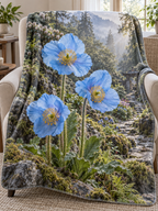 Clear blue poppies above mossy rocks and deep woodland steps printed on a complete fleece throw blanket